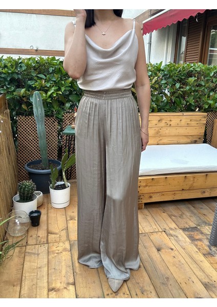 Beli Lastikli Bol Paça Saten Pantolon