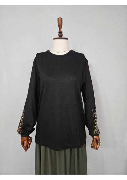 Kadın Likralı Orta Yaş ve Üzeri Dört Mevsim Anne Penye Bluz Yeni Sezon Kolu Işlemeli Siyah - Xl