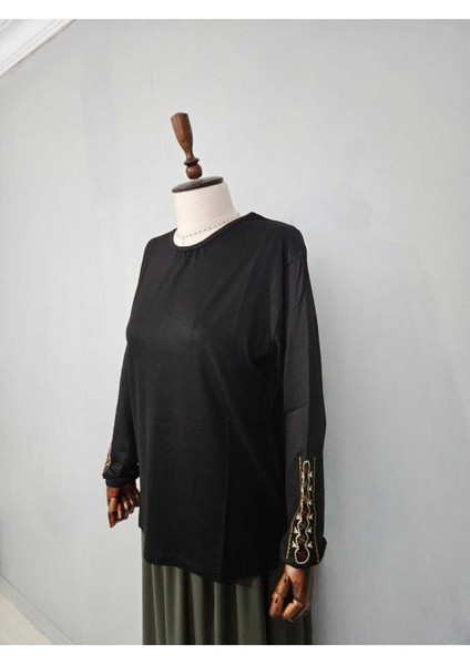 Kadın Likralı Orta Yaş ve Üzeri Dört Mevsim Anne Penye Bluz Yeni Sezon Kolu Işlemeli Siyah - Xl modelleri