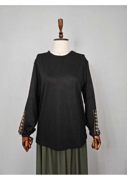 Kadın Likralı Orta Yaş ve Üzeri Dört Mevsim Anne Penye Bluz Yeni Sezon Kolu Işlemeli Siyah - Xl indirimleri