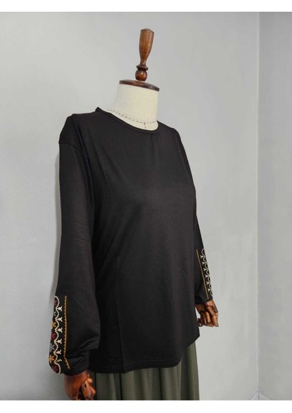 Kadın Likralı Orta Yaş ve Üzeri Dört Mevsim Anne Penye Bluz Yeni Sezon Kolu Işlemeli Siyah - Xl