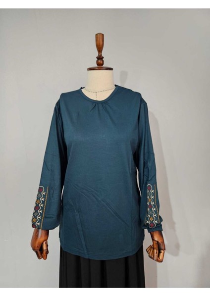 Kadın Likralı Orta Yaş ve Üzeri Dört Mevsim Anne Penye Bluz Yeni Sezon Kolu Işlemeli Yeşil - L