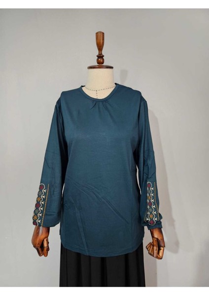 Kadın Likralı Orta Yaş ve Üzeri Dört Mevsim Anne Penye Bluz Yeni Sezon Kolu Işlemeli Yeşil - L fiyatları