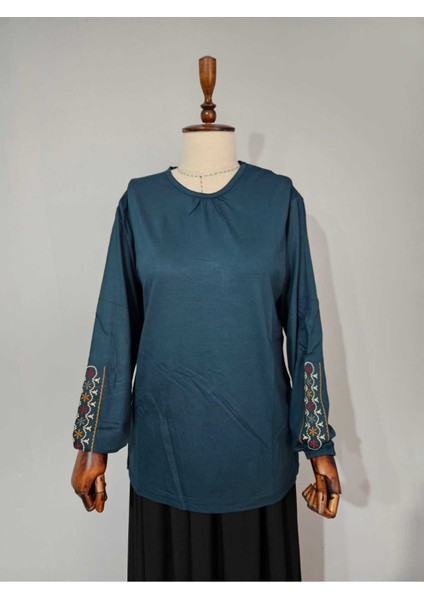 Kadın Likralı Orta Yaş ve Üzeri Dört Mevsim Anne Penye Bluz Yeni Sezon Kolu Işlemeli Yeşil - L modelleri