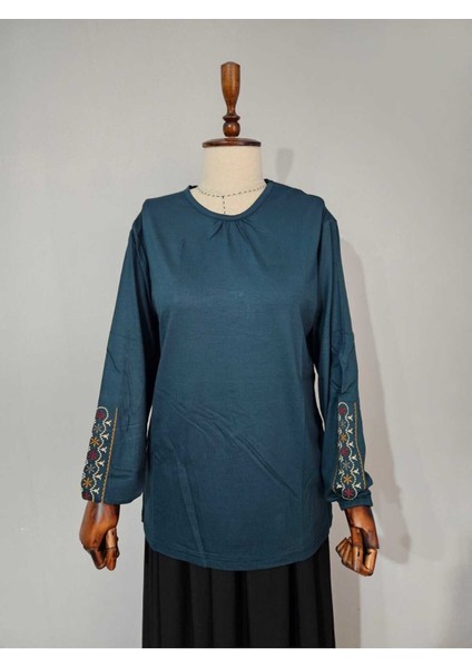 Kadın Likralı Orta Yaş ve Üzeri Dört Mevsim Anne Penye Bluz Yeni Sezon Kolu Işlemeli Yeşil - L