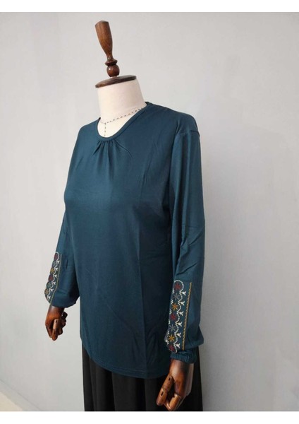 Kadın Likralı Orta Yaş ve Üzeri Dört Mevsim Anne Penye Bluz Yeni Sezon Kolu Işlemeli Yeşil - L