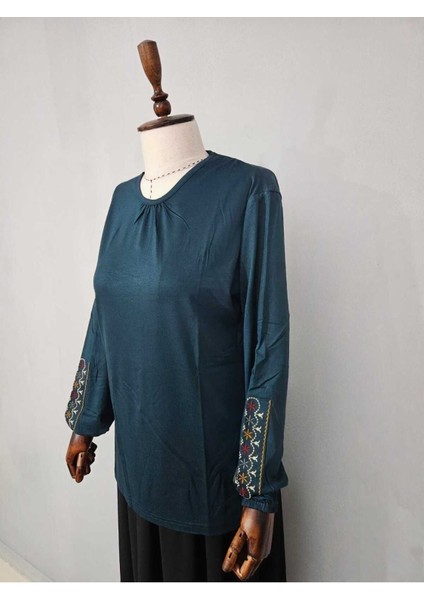 Kadın Likralı Orta Yaş ve Üzeri Dört Mevsim Anne Penye Bluz Yeni Sezon Kolu Işlemeli Yeşil - L