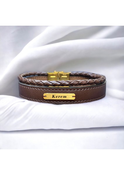 Altın Plakalı 14 Ayar Kerem Yazılı Kahverengi Derili Dikdörtgen Figürlü Hediye BILEKLIK-531ISIM fiyatları
