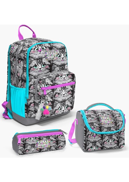 Coral High Gri Kedi Desenli 3’lü Okul Çanta Seti SET0123638