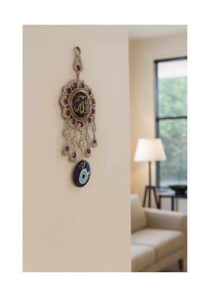 Metal Nikel Kaplama Mor Taşlı Cam Nazar Boncuklu Allah Yazılı Duvar Süsü – Hediyelik Eşya fiyatları