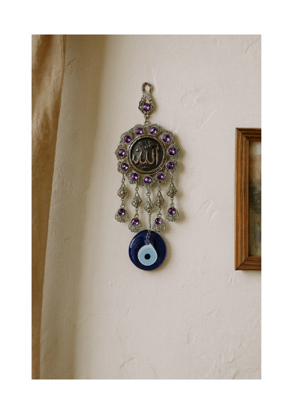 Metal Nikel Kaplama Mor Taşlı Cam Nazar Boncuklu Allah Yazılı Duvar Süsü – Hediyelik Eşya modelleri