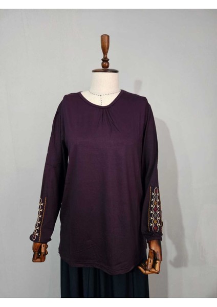 Kadın Likralı Orta Yaş ve Üzeri Dört Mevsim Anne Penye Bluz Yeni Sezon Kolu Işlemeli Mor - 2xl