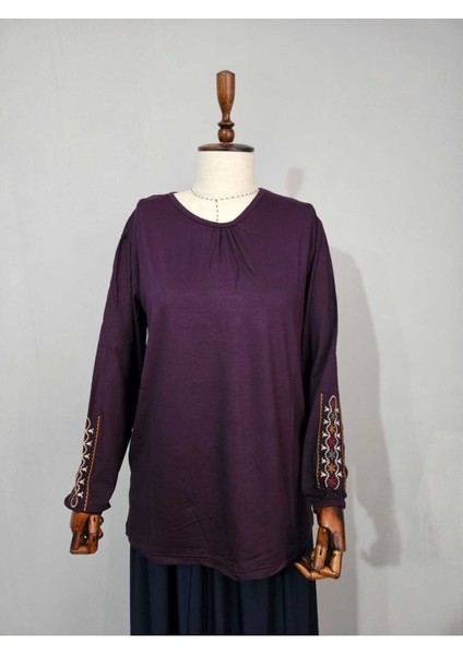 Kadın Likralı Orta Yaş ve Üzeri Dört Mevsim Anne Penye Bluz Yeni Sezon Kolu Işlemeli Mor - 2xl modelleri
