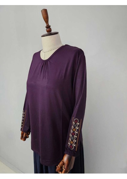 Kadın Likralı Orta Yaş ve Üzeri Dört Mevsim Anne Penye Bluz Yeni Sezon Kolu Işlemeli Mor - 2xl fırsatları