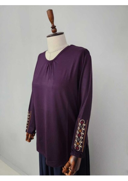 Kadın Likralı Orta Yaş ve Üzeri Dört Mevsim Anne Penye Bluz Yeni Sezon Kolu Işlemeli Mor - 2xl indirimleri