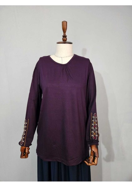 Kadın Likralı Orta Yaş ve Üzeri Dört Mevsim Anne Penye Bluz Yeni Sezon Kolu Işlemeli Mor - 2xl
