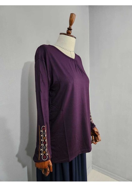 Kadın Likralı Orta Yaş ve Üzeri Dört Mevsim Anne Penye Bluz Yeni Sezon Kolu Işlemeli Mor - 2xl