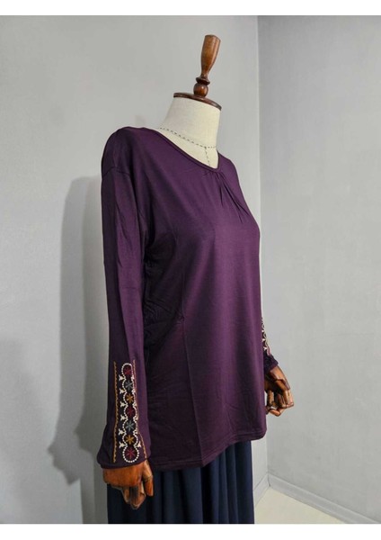 Kadın Likralı Orta Yaş ve Üzeri Dört Mevsim Anne Penye Bluz Yeni Sezon Kolu Işlemeli Mor - 2xl