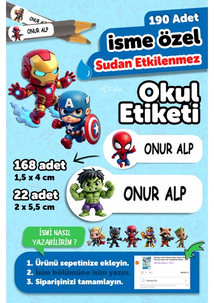 Okul Etiketi Kalem Defter Isimli Etiket Isim Yazılabilen Marvel - 190 Adet Özel Tasarım