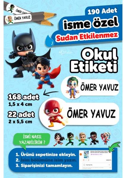 Okul Etiketi Kalem Defter Isimli Etiket Isim Yazılabilen Dc Karakter - 190 Adet Özel Tasarım