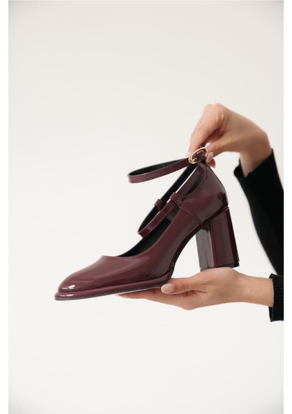 Topuklu Platformlu Bordo Bilek Ipli Ayakkabı