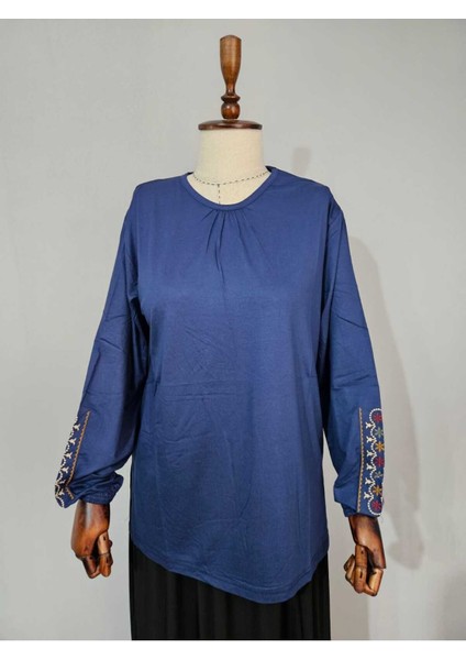 Kadın Likralı Orta Yaş ve Üzeri Dört Mevsim Anne Penye Bluz Yeni Sezon Kolu Işlemeli Mavi - L fiyatları