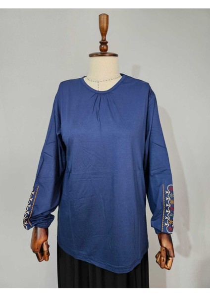 Kadın Likralı Orta Yaş ve Üzeri Dört Mevsim Anne Penye Bluz Yeni Sezon Kolu Işlemeli Mavi - L modelleri