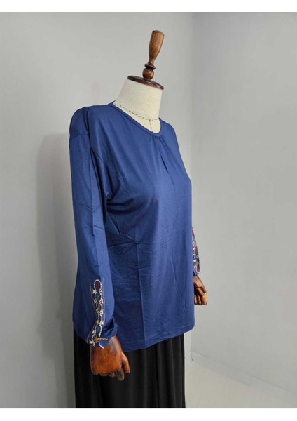 Kadın Likralı Orta Yaş ve Üzeri Dört Mevsim Anne Penye Bluz Yeni Sezon Kolu Işlemeli Mavi - L fırsatları