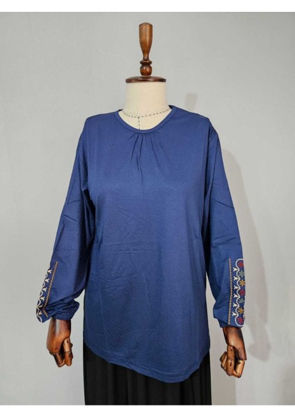 Kadın Likralı Orta Yaş ve Üzeri Dört Mevsim Anne Penye Bluz Yeni Sezon Kolu Işlemeli Mavi - L