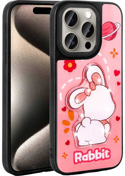 Apple iPhone 15 Pro Max Kılıf Parlayan Kabartmalı Ikonik Figürlü Mbfx Amas Silikon Kapak-Pembe