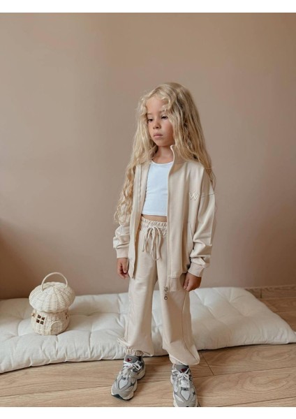 Kız Çocuk Fermuarlı Eşofman Takımı - Bej Renk (2'li Set) 0108 modelleri