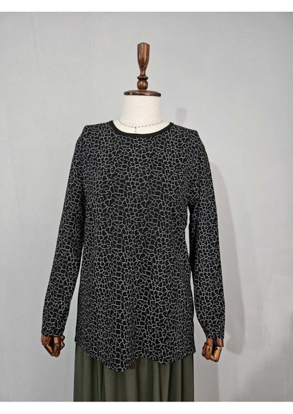 Kadın Likralı Orta Yaş ve Üzeri Dört Mevsim Anne Penye Bluz Yeni Sezon Desenli Siyah - Xl