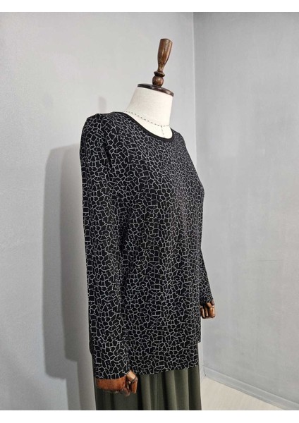 Kadın Likralı Orta Yaş ve Üzeri Dört Mevsim Anne Penye Bluz Yeni Sezon Desenli Siyah - Xl fırsatları
