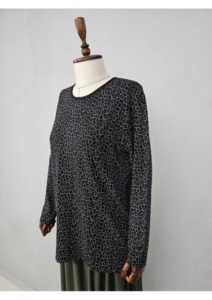 Kadın Likralı Orta Yaş ve Üzeri Dört Mevsim Anne Penye Bluz Yeni Sezon Desenli Siyah - Xl