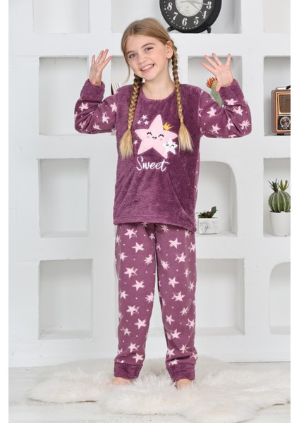 Yeni Sezon Sonbahar/kış Kız Çocuk Yıldız Desenli Polar Pijama Takımı 4100-MOR fiyatları