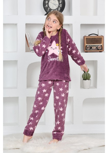 Yeni Sezon Sonbahar/kış Kız Çocuk Yıldız Desenli Polar Pijama Takımı 4100-MOR modelleri