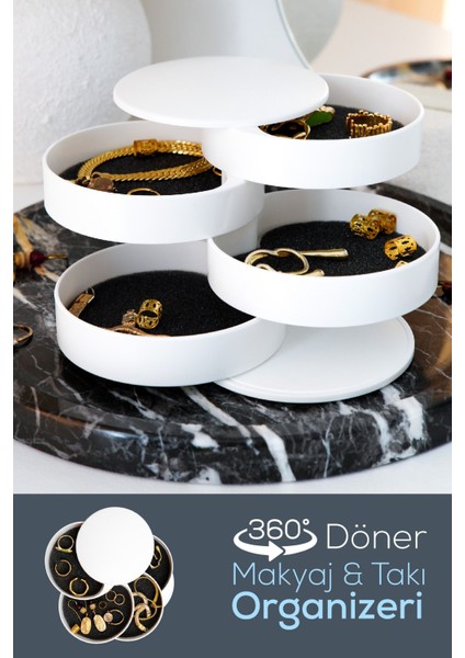 4 Katlı Dönebilen Silindir Takı ve Makyaj Organizeri, Gri Renk