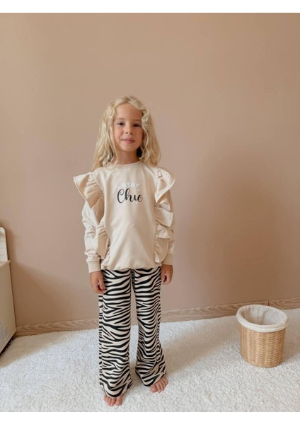 Kız Çocuk Stay Chic Fırfırlı Sweatshirt ve Zebra Desenli Pantolon Takım 5004 fiyatları
