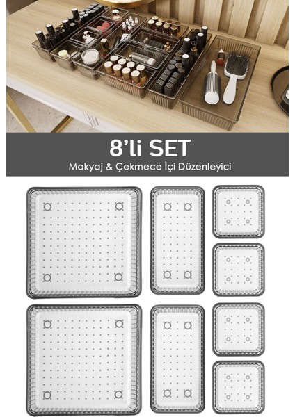 8'li Çekmece Içi Organizer, Kozmetik ve Takı Düzenleyici, Antrasit Renk
