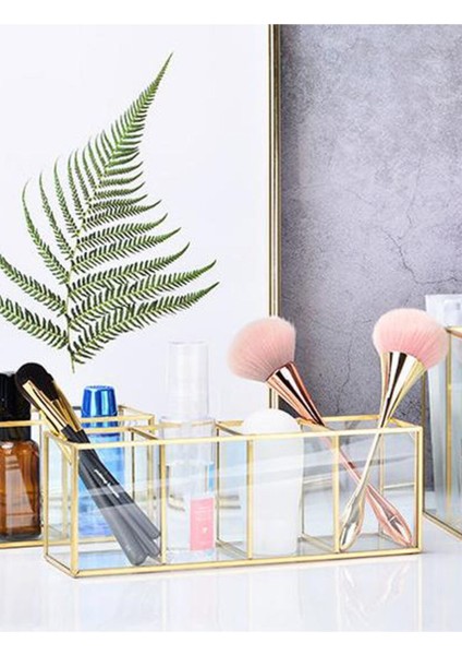 Çok Renkli Dört Bölmeli Cam Makyaj Fırçalık Organizer