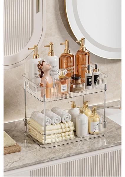 Iki Katlı Çok Amaçlı Makyaj ve Takı Düzenleyici, Banyo ve Kozmetik Rafı