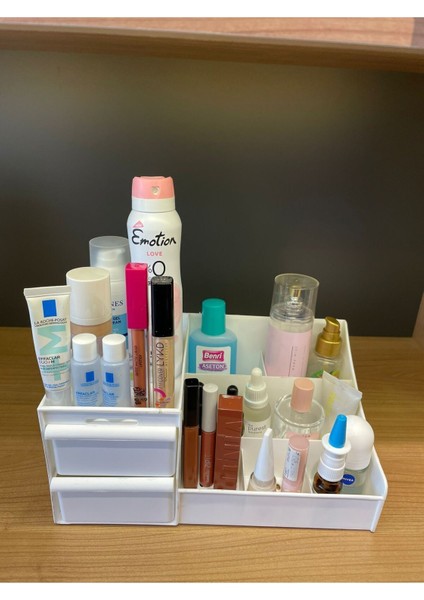 Beyaz Çekmeceli Makyaj ve Kozmetik Düzenleyici, Ofis ve Renkli Parfüm Rafı