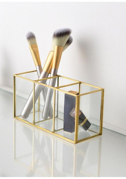 Renkli Üç Bölmeli Cam Fırçalık Makyaj Organizeri