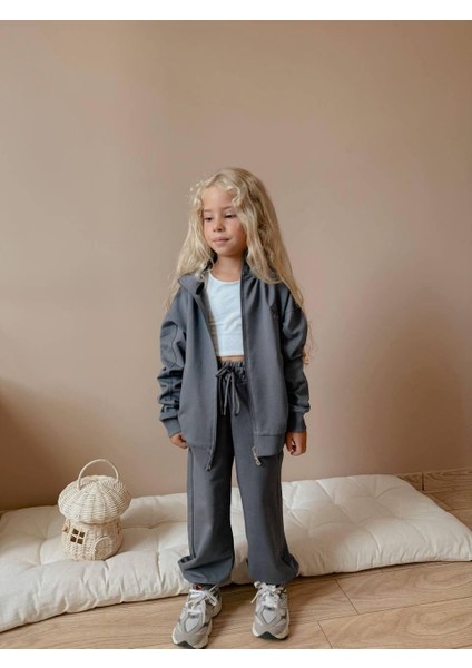 Kız Çocuk Fermuarlı Eşofman Takımı - Gri Renk (2'li Set) 0108