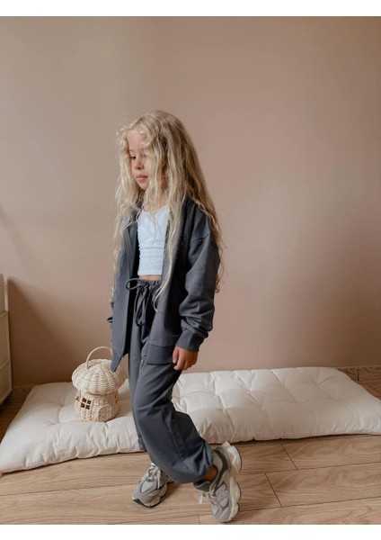 Kız Çocuk Fermuarlı Eşofman Takımı - Gri Renk (2'li Set) 0108 modelleri