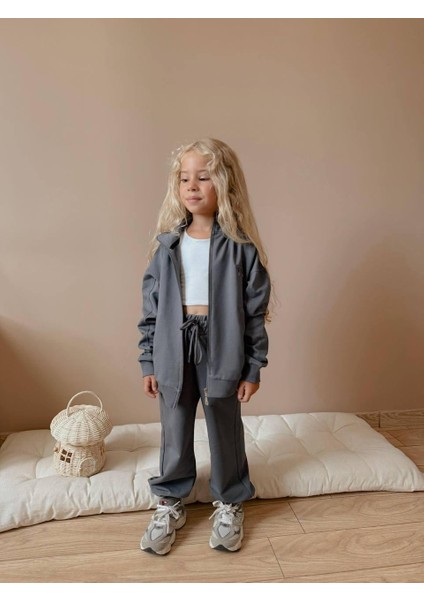 Kız Çocuk Fermuarlı Eşofman Takımı - Gri Renk (2'li Set) 0108 fırsatları