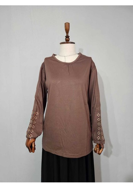 Kadın Likralı Orta Yaş ve Üzeri Dört Mevsim Anne Penye Bluz Yeni Sezon Kolu Işlemeli Kahverengi - L fiyatları