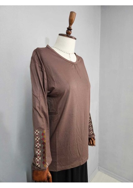 Kadın Likralı Orta Yaş ve Üzeri Dört Mevsim Anne Penye Bluz Yeni Sezon Kolu Işlemeli Kahverengi - L fırsatları