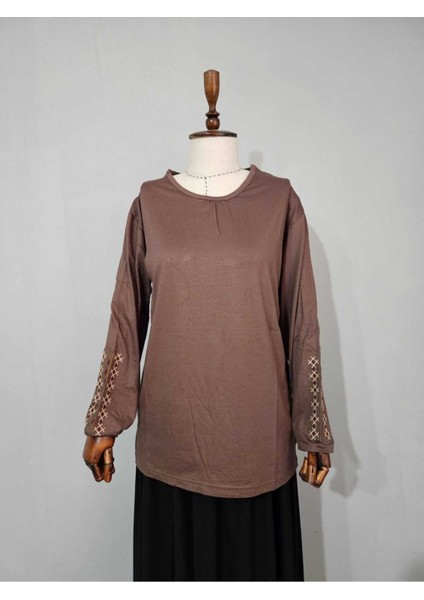 Kadın Likralı Orta Yaş ve Üzeri Dört Mevsim Anne Penye Bluz Yeni Sezon Kolu Işlemeli Kahverengi - L indirimleri