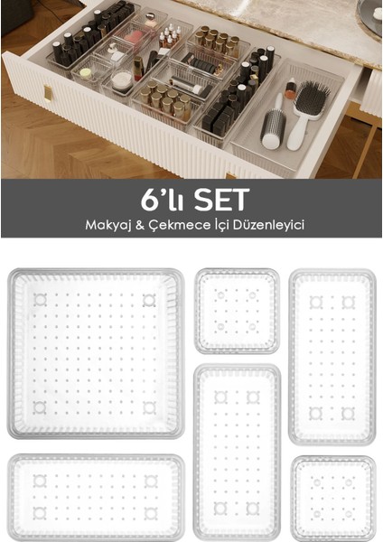 6'lı Çok Amaçlı Çekmece Içi Organizer, Şeffaf, Beyaz, Makyaj ve Takı Düzenleyici
